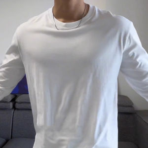 Mens Cotton Long-Sleeve T-shirt round Neck Pure White Silm Base Shirt Mens Spring and Autumn Wear Easiest for Match Sports T-shirt Tops