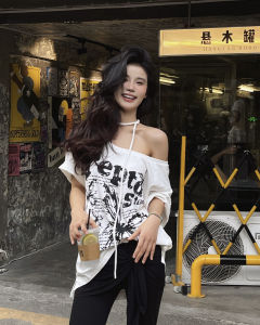 Teptdc Casual Lazy Shoulder-Revealing Butterfly Print T-Shirt for Women Fashionable Multi-Wear Loose Fit Top