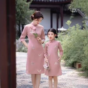 New Chinese Style Long Sleeve Qipao Mother Daughter Matching Clothes Parent Child Traditional Costume Childrens Formal Dresses