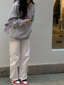 American Casual White Fleece Lined Straight Leg Workwear Pants Womens Spring Autumn Slimming Wide Leg Pants High Waist Long Trousers