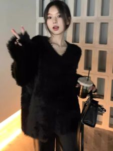 Soft Thick Black Mink Sweater Womens Autumn Winter Loose V-neck Inner Wear Base Top High Quality Sensation Super Beautiful