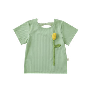 Adorable Butterfly Knot Short Sleeve T-Shirt for Girls Cute Lace Detail 3D Flower Brooch Cotton Blend Summer Top for Kids