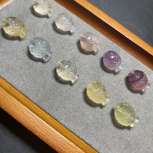 Natural Fluorite Tibetan Pattern round Beads Small Fish through Hole Sculpture DIY Bracelet Pendant Beaded Spacer Beads Loose Beads Accessories