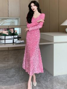 Elegant French Lady Style Long Sleeve V-Neck Sequin Slim Fit Fish Tail Evening Gown Party Dress H-Shape Polyester Fabric