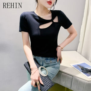 REHIN Summer new fashion hollow splicing Slim All-match asymmetrical collar short-sleeved T-shirt trendy women blouse