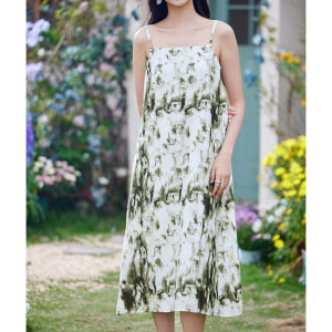 WANGGONGZHU | Summer Thin Strap Dress Womens Sleeveless Fashion Floral A-Line Skirt Natural Waist Polyester Fabric Midi Dress Princess Style