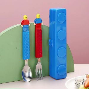 2PCS Fun Creative Building Blocks Portable Cutlery Stainless Steel Cutlery Assembled Fork and Spoon Set for Salads and Rice