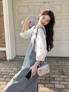 Womens Denim Overalls Set Loose Fit Casual Style High Waist A-Line Skirt Top Bottoms Two-Piece Outfit Autumn Early