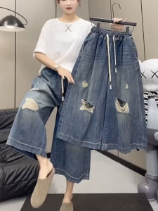 High Waist Loose Wide Leg Jeans Womens Vintage Ripped Loose Fit Summer Thin Denim Pants Straight Cut Trousers for Ladies