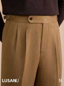 British Style Autumn Winter Wool Blend High Waist Retro Men Trousers