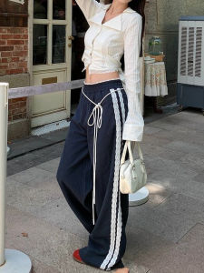 Quần Ống Rộng Ren American Retro Blue Casual Loose Slim Straight Floor-Length Pants Cho Nữ Mùa Thu Mới Quần Ống Đứng