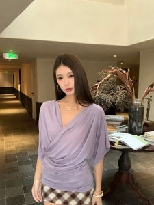 New 2026 Summer Stylish V-Neck Purple Wool T-Shirt