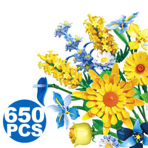 Creative 650PCS Sunflower Bouquet Building Blocks Blue Rose Immortal Flower Home Desk Plant Decoration Assemble Bricks Toys Gift