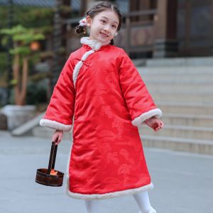 Elegant Long Chinese Style Cheongsam Dress for Girls Winter New Year Celebration Clothing Festive Fashionable Childrens Qipao