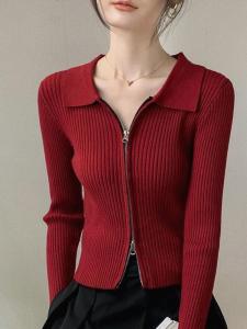 Retro Red Sweatshirt Jacket Womens Chic Double Zipper Polo Collar Knitted Open Cardigan Two-Piece Set Autumn Initial
