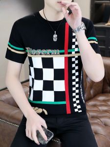 HENGYUANXIANG | Hengyuanxiang Knitted Ice Silk Short Sleeve T-Shirt Round Neck Summer Chessboard Pattern Fashionable Breathable Mens Top