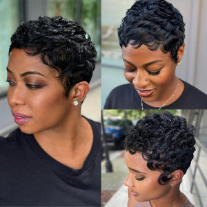 Black Curly Pixie Short Cut Brazilian Virgin Human Hair Wigs For Black Women Full Machine Made Wig 150% Density