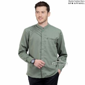 Kemeja Baju Koko Pria Lengan Panjang Motif Marvel Warna Sage Elrumi Jaring Jaring Kemko Polos Katun