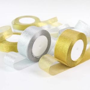 Gold/Silver Organza Onion Ribbon 25 Yards/roll Ribbons3-6-10-12-15-20-25-3.8-5mm for Wedding Cake Gift Decoration DIY Christmas