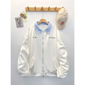 แจ็คเก็ตบินลำลองสไตล์อเมริกันย้อนยุค ทรงหลวม ปกคอกลม ลายทาง แจ็คเก็ตผู้ชาย แจ็คเก็ตฤดูใบไม้ร่วง แจ็คเก็ตผู้ชาย Cleanfit แจ็คเก็ตบินลำลอง