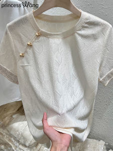 WANGGONGZHU | Elegant Chinese Style Button Up Short Sleeve T-Shirt Women Summer Fashion Loose Belly Covering Top Casual Style Round Neck