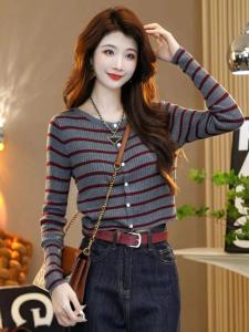 HUOLISI | European Style Color Block Striped Round Neck Sweater