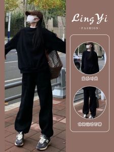 Pure Cotton Denim Casual Sportswear Suit Female Autumn and Winter Students Loose Fashion Sweater Running Leisure Two-piece Set Ins