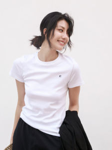 Fashionable Short Sleeve round Neck Embroidered Slim Fit T-Shirt White Stylish Top Korean Style Comfortable Cotton Blend