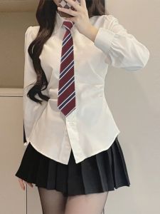 White Waist-Cinching Shirt Womens Long Sleeve Spring Fashion 2025 Mini Skirt JK Uniform Set Sweet Pure Color Polo Collar Bubble Sleeve