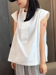 QINGNAER | Minimalist Simple Summer Plus Size Round Neck Buttoned Ruffled Sleeveless Thin Shirt