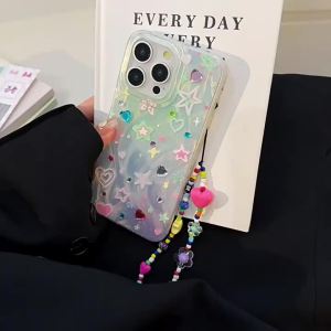 Korean Colorful stars Diamond Stickers Phone Case For iPhone 17 Air 16 11 13 14 12 15 Pro Max With Chain Shockproof Hard Cover