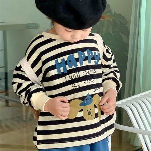 Baby Boys round Neck Stripe Sweatshirt Spring Autumn Casual Comfortable Soft Material Color Block Cartoon Design Children Top