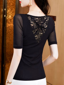Black Beauty Back V-neck Short Sleeve T-Shirt Womens 2024 New Arrival Best Selling Summer Lace Patchwork Mesh Tops Western Style Small Shirt