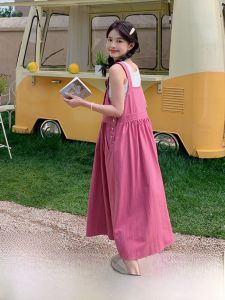 ชุดเดรสแขนกุดสีชมพูม่วงหวาน กระโปรงทรงเอเอวสูง ชุดสองชิ้น ฤดูร้อน 2024 ชุดเดรสผู้หญิงสไตล์เกาหลี