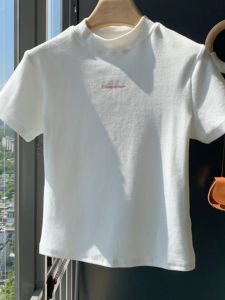 White Slim Fit Short Sleeve T-Shirt Womens Summer New Style Printed Korean Version Cotton Blend Elastic Fiber Body Shaping Top