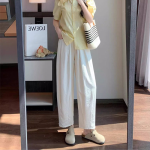 Pink Ice Silk Wide Leg Pants for Women High Waist Slimming Casual Style Ankle-Length Trousers with Pocket for Summer