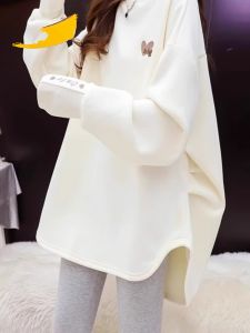 Loose Fit Embroidered round Neck Sweatshirt Womens Mid-Length Fashionable Korean Style Top Comfortable Cotton Inner Lining