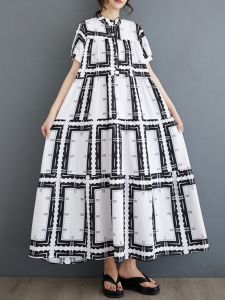 ชุดเดรสยาวปานกลางพิมพ์ลายแฟชั่นแขนสั้นหลวมไซส์ใหญ่สไตล์เกาหลีสำหรับผู้หญิงในช่วงฤดูร้อน เดรสทรงเอคอวีแขนยาวปกติ