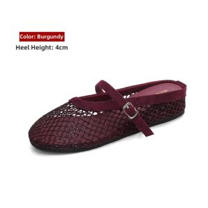 MIFEI | Sheepskin Hollow Out Crystal-Embellished Fishnet Wedge Mary Jane Shoes