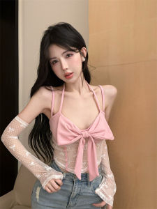 GUZILIAN | Pure Desire Sweet Butterfly Knot Neckline Lace Trim Vest Womens Outerwear Short Sleeve Slimming Print Mix Matching Top