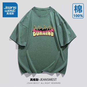 Jeanswest American Washed Short Sleeve T-Shirt Mens Loose Fit Summer Trendy Cotton round Neck Top Youth Casual Wear