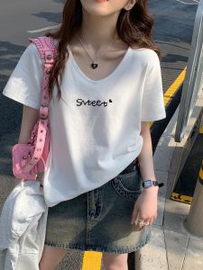White round Neckbone T-Shirt Simple Elegance Short Sleeve Summer Loose Casual Pure Cotton Shoulder Appropriate Trendy Top