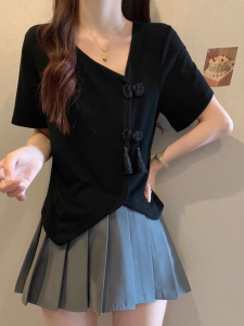 plus Size Short Sleeve T-Shirt Chinese Style Button Design Slimming Top Summer New Arrival Regular Fit V-Neck Pure Color