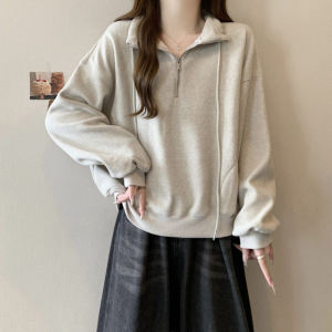 Loose Fit Half Zipper Sweatshirt Womens Spring Autumn Thin New Small Size Short Version Long Sleeve Stand Collar Jacket