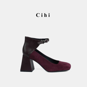 Cihi Design Wild Artist Light Fleece Acid Washed High Heel Single Shoes Vintage Style Belt Buckle Synthetic Leather Slip-On