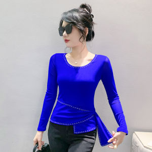 REHIN เสื้อยืดแขนยาวลายคอกลมแฟชั่นตาข่ายมาใหม่ล่าสุดฤดูใบไม้ร่วงประดับพลอยเทียมเข้ารูปพอดีเสื้อของผู้หญิงที่สง่างาม