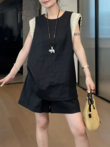 Shalldoer | Summer Hong Kong Style Retro Casual Age-Defying Patchwork Top Shorts Two-Piece Set Light Maturity Design Trendy Round Neck Short Sleeve