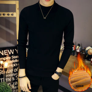 Mens High Collar Fleece Lined Knitwear Thick Warm Slim Fit Black Winter Base Layer Shirt Inner Wear Long Sleeve Casual Top