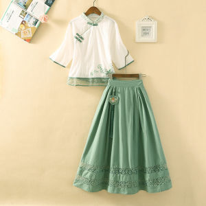 改良旗袍连衣裙夏风古装汉服茶服裙汉服套装女款A字裙高腰设计通勤风格做旧工艺纽扣木耳拼接口袋