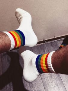 ถุงเท้ากีฬาลายสายรุ้ง ผ้าฝ้าย ผ้าเช็ดตัวด้านล่าง หนาขึ้น ถุงเท้าถึงกลางน่อง ถุงเท้าผู้ชายดูดซับเหงื่อวิ่งบาสเกตบอลถุงเท้าแบดมินตัน